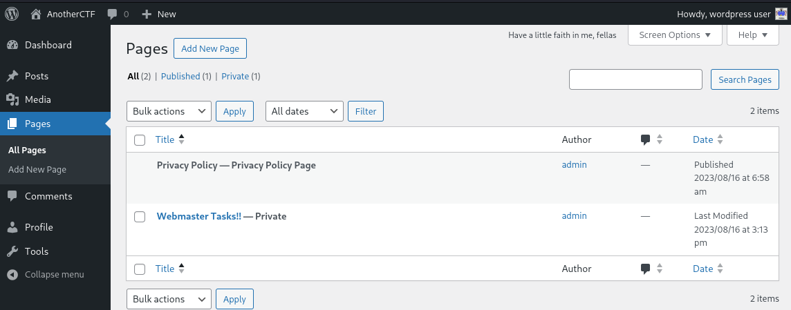 wp-admin "Pages" tab